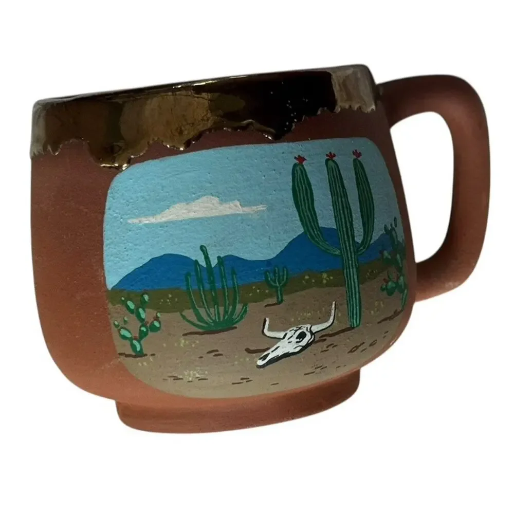 VTG‎ Hand Painted Mexican Pottery Clay Coffee Mug Cactus Skull Southwest Design
